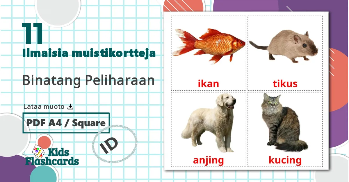 11 Binatang Peliharaan lasten kuvakortit