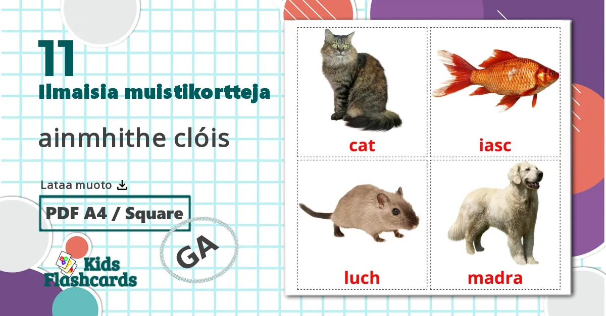 11 ainmhithe clóis lasten kuvakortit