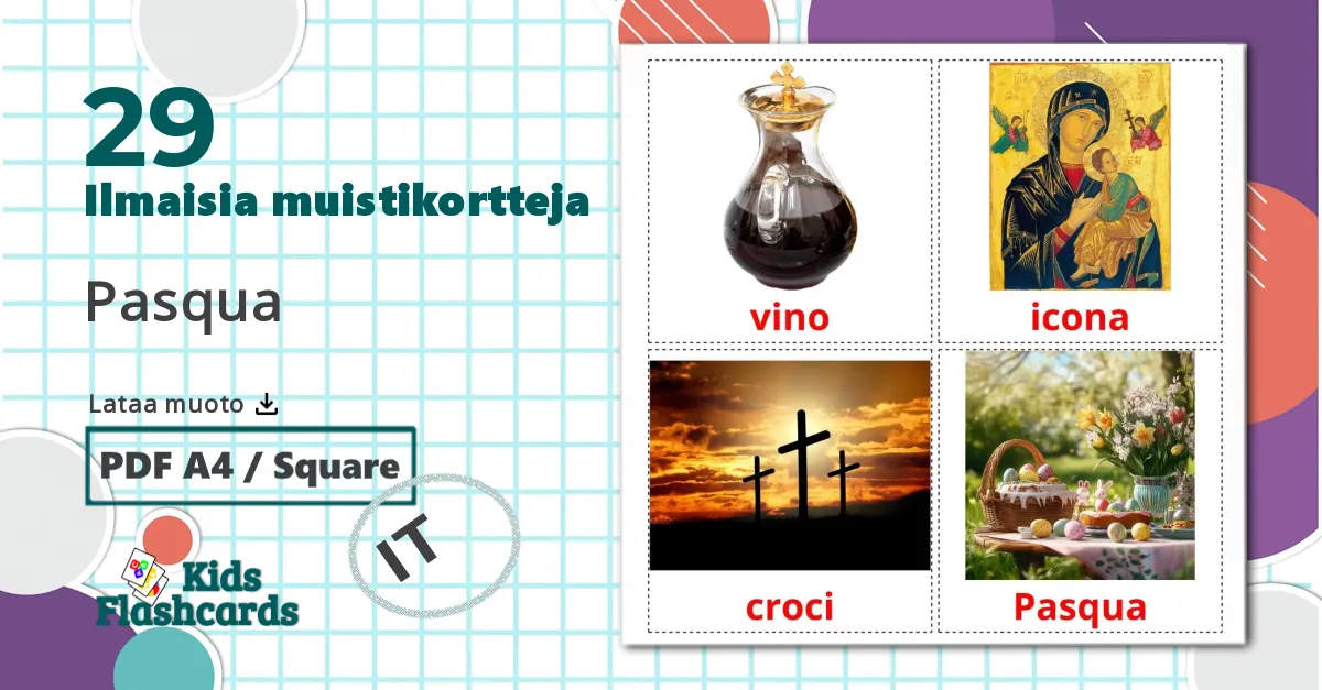 29 Pasqua lasten kuvakortit