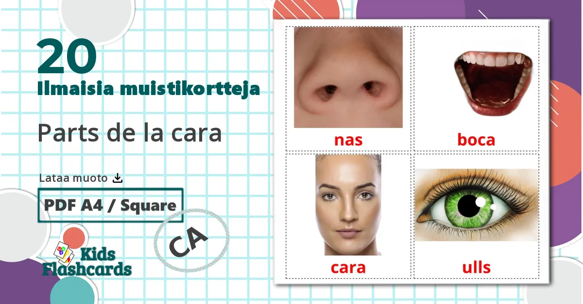 20 Parts de la cara lasten kuvakortit