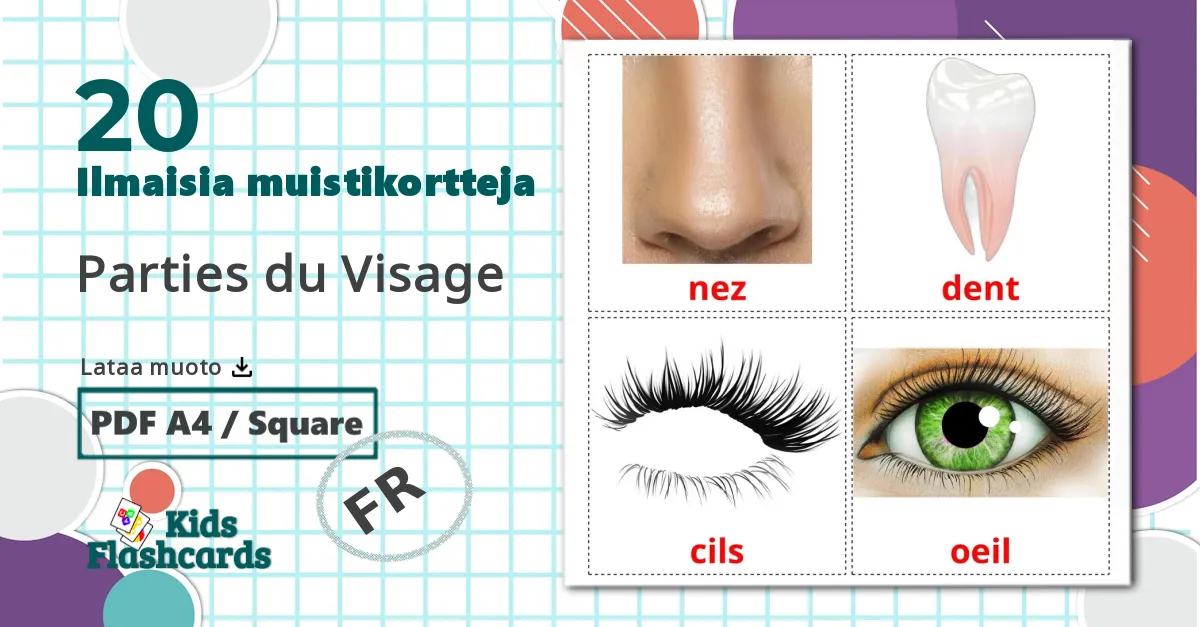 20 Parties du Visage lasten kuvakortit