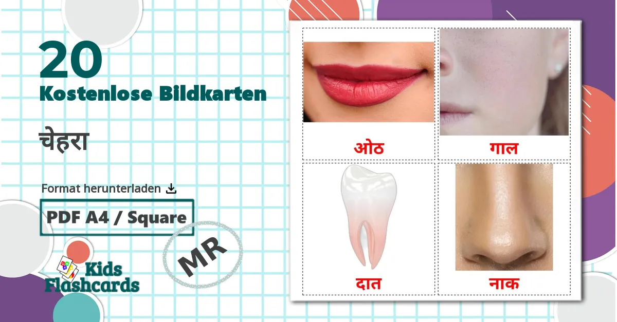 20 Bildkarten für चेहरा