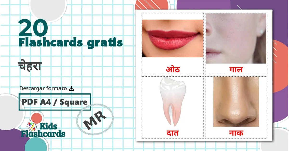 20 tarjetas didacticas de चेहरा