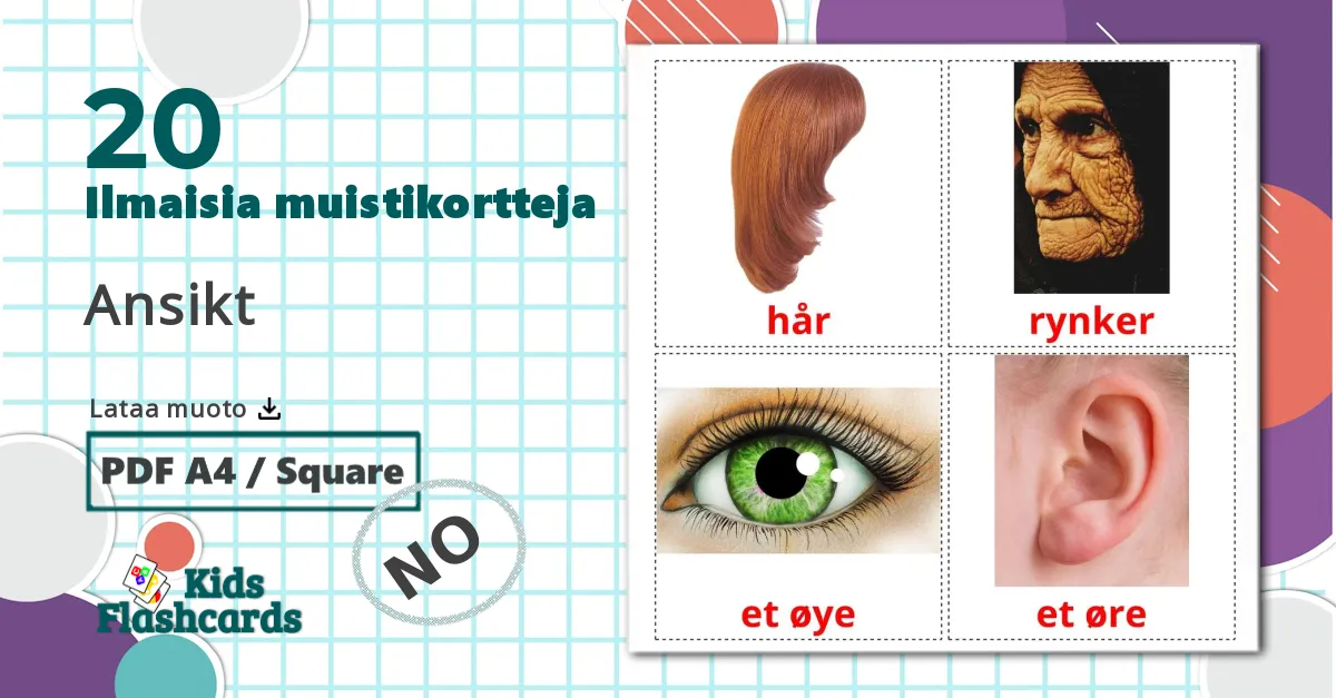 20 Ansikt lasten kuvakortit