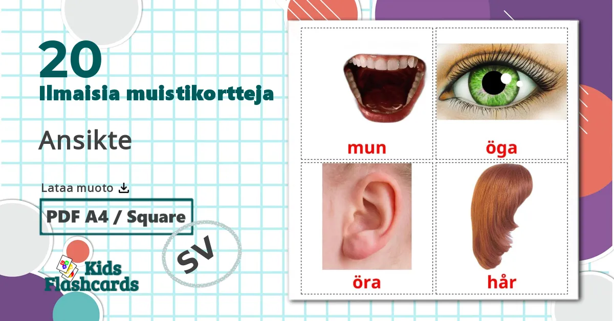 20 Ansikte lasten kuvakortit