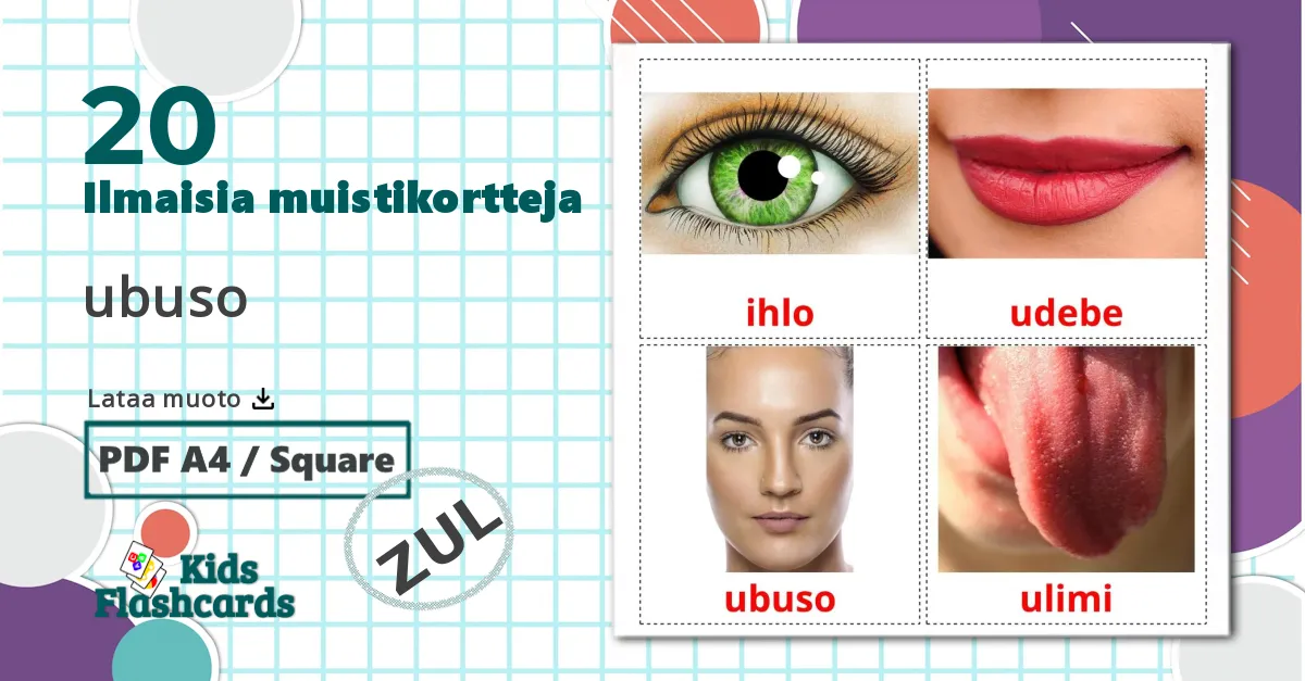 20 ubuso lasten kuvakortit