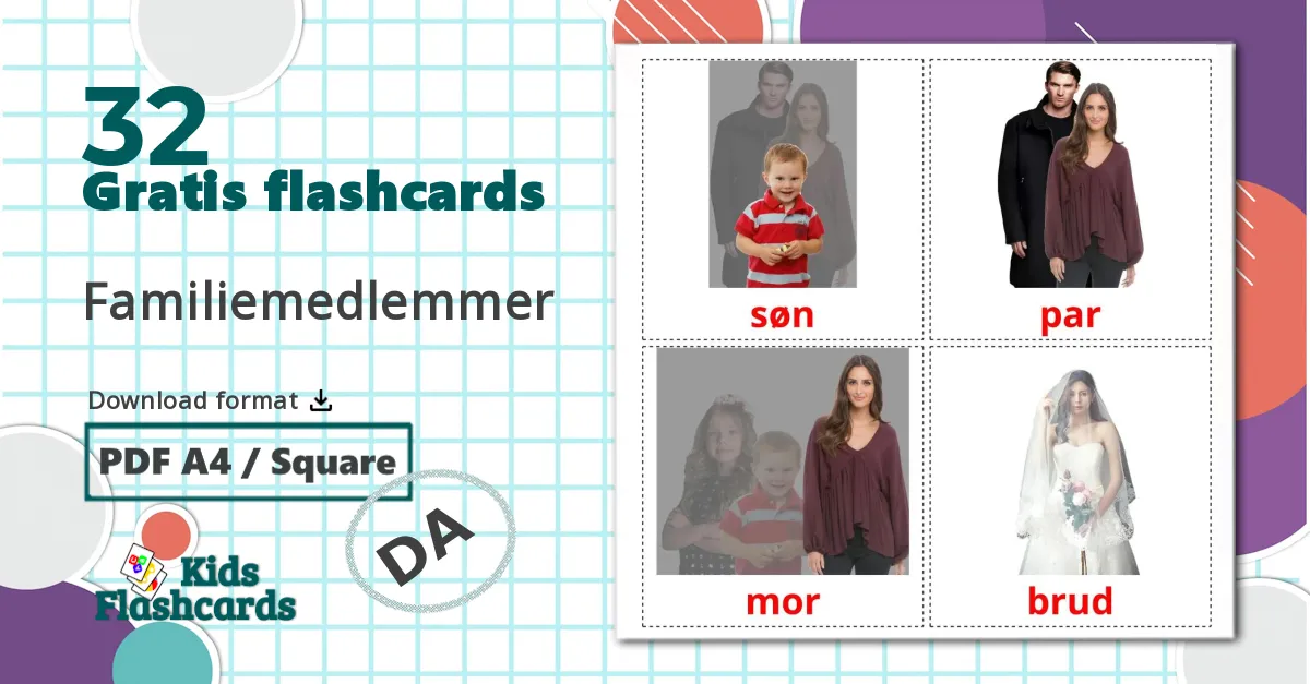 32 Familiemedlemmer billedkort for børn