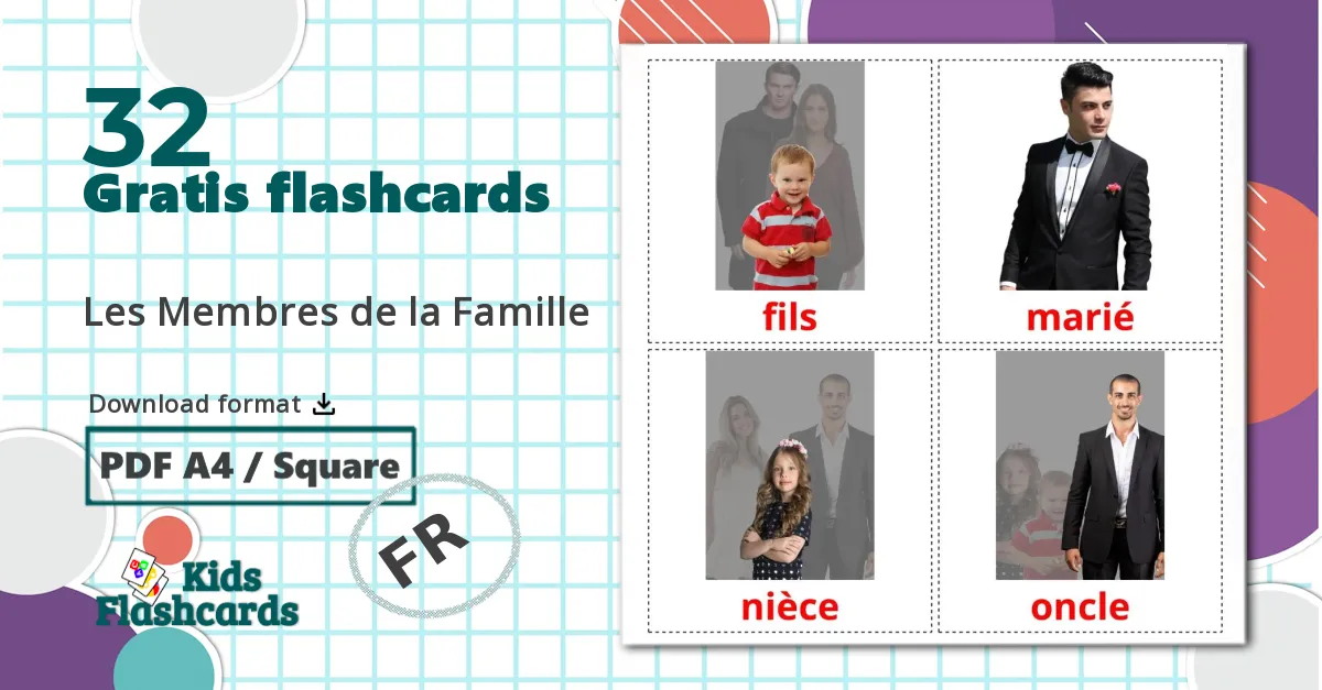 32 Les Membres de la Famille billedkort for børn