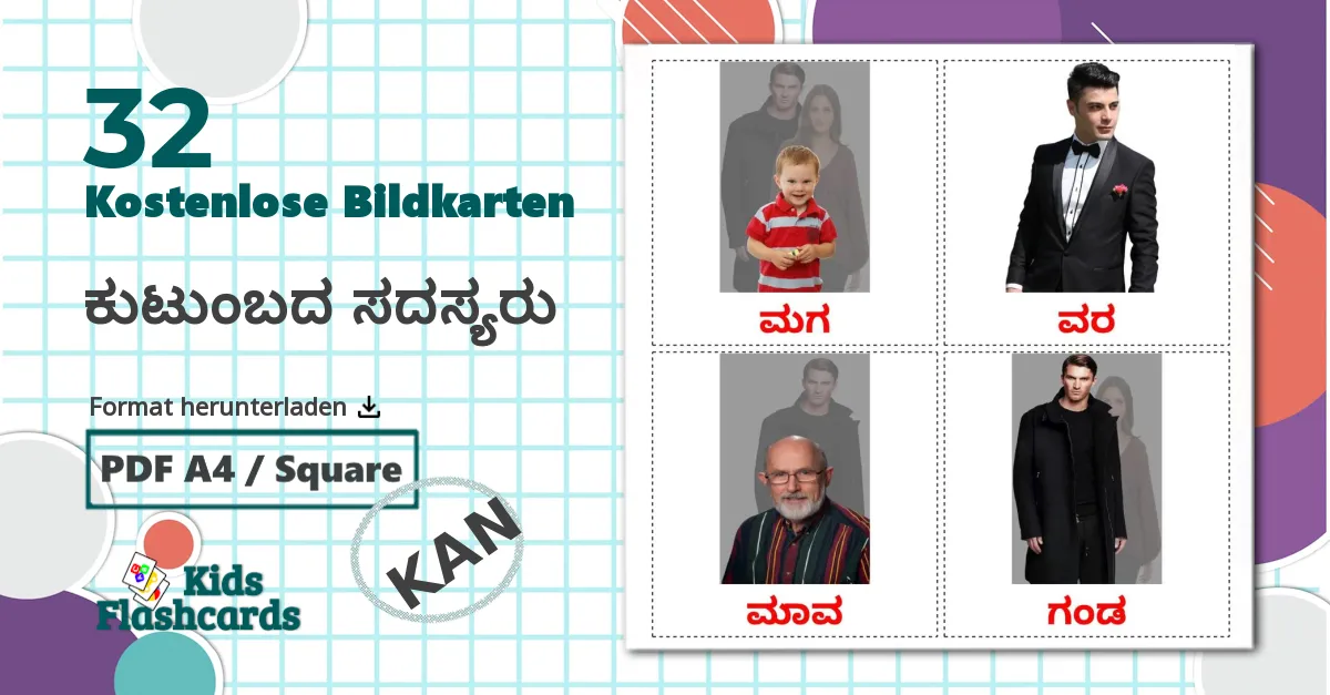 32 Bildkarten für ಕುಟುಂಬದ ಸದಸ್ಯರು