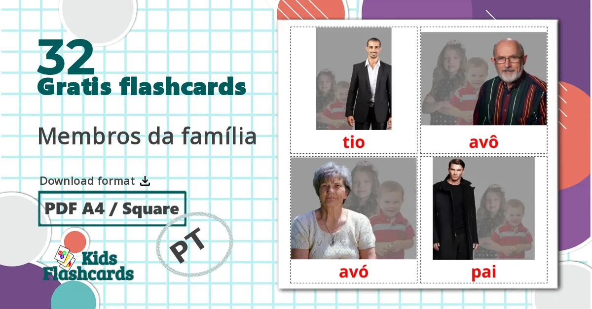 32 Membros da família billedkort for børn