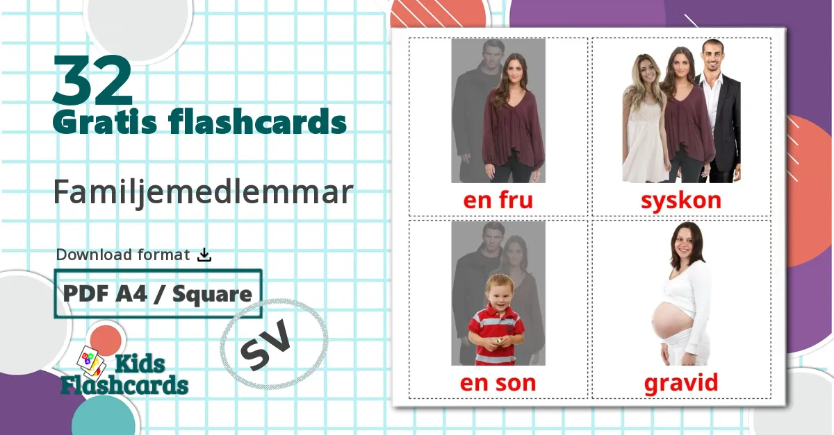 32 Familjemedlemmar billedkort for børn
