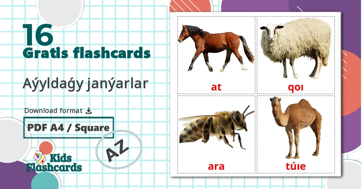 16 Aýyldaǵy janýarlar billedkort for børn
