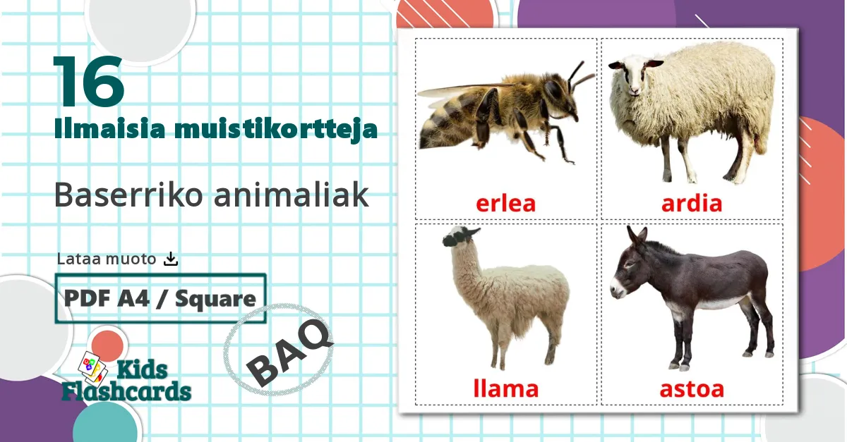 16 Baserriko animaliak lasten kuvakortit