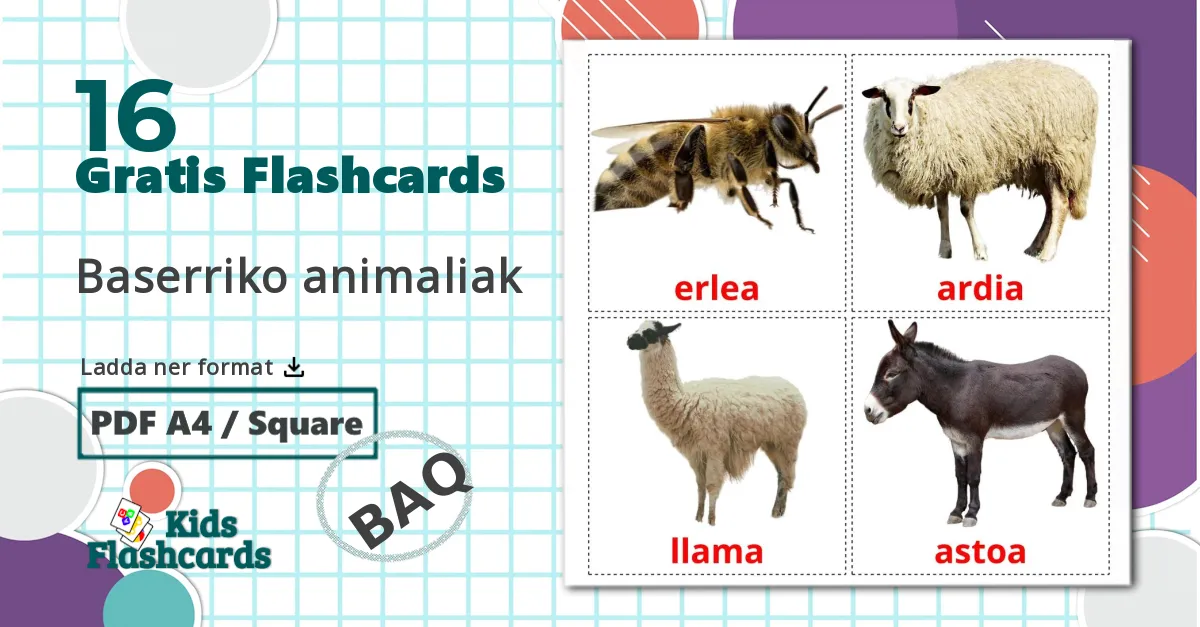 16 Baserriko animaliak bildkort för barn