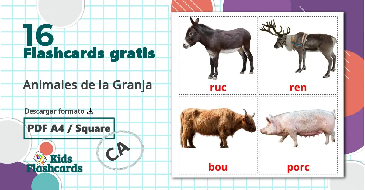 16 tarjetas didacticas de Animales de la Granja