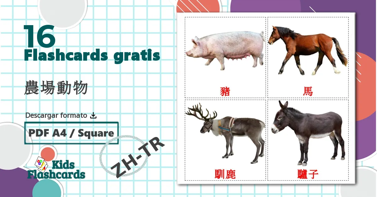 16 tarjetas didacticas de 農場動物