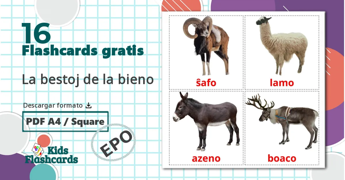 16 tarjetas didacticas de La bestoj de la bieno