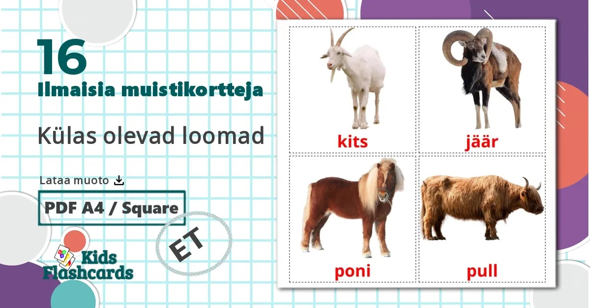 16 Külas olevad loomad lasten kuvakortit