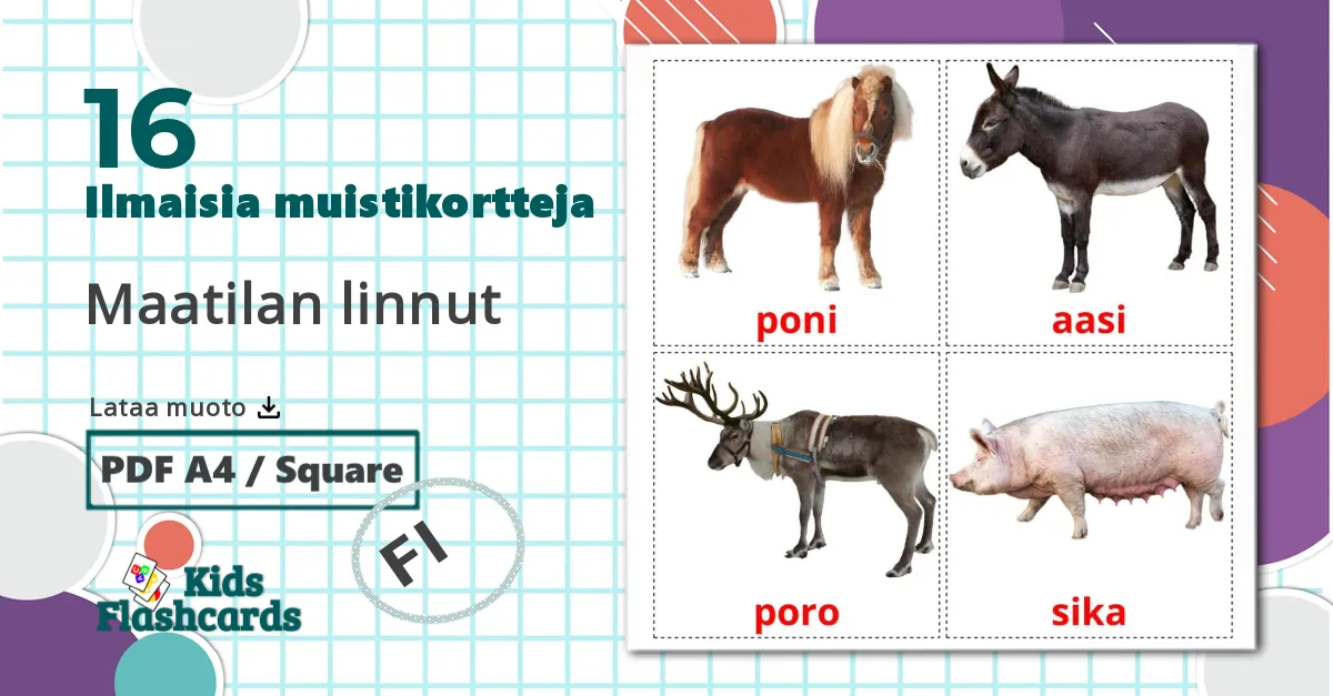16 Maatilan linnut lasten kuvakortit