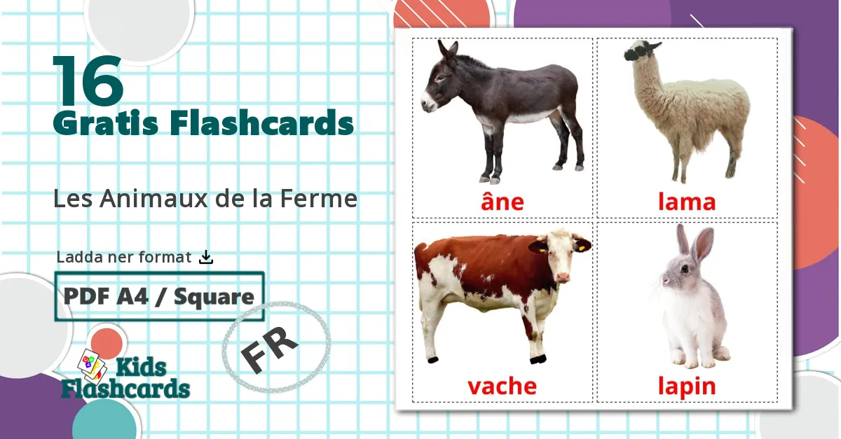 16 Les Animaux de la Ferme bildkort för barn
