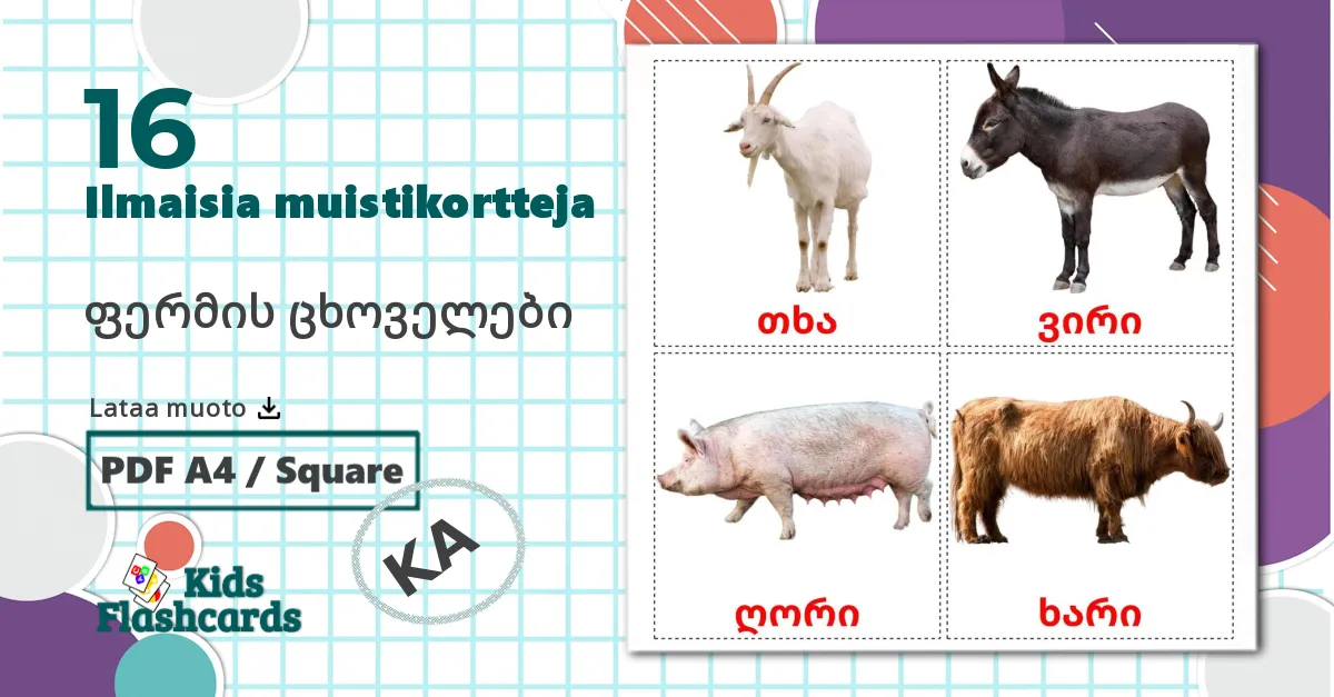 16 ფერმის ცხოველები lasten kuvakortit