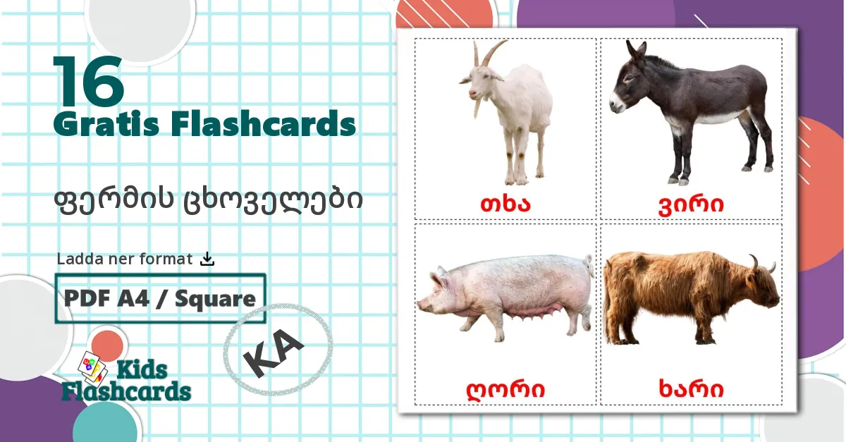 16 ფერმის ცხოველები bildkort för barn