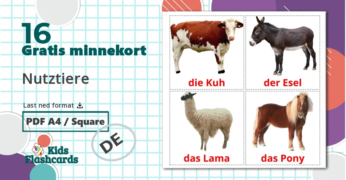 Animais da Fazenda - Ordforrådskort for tysk