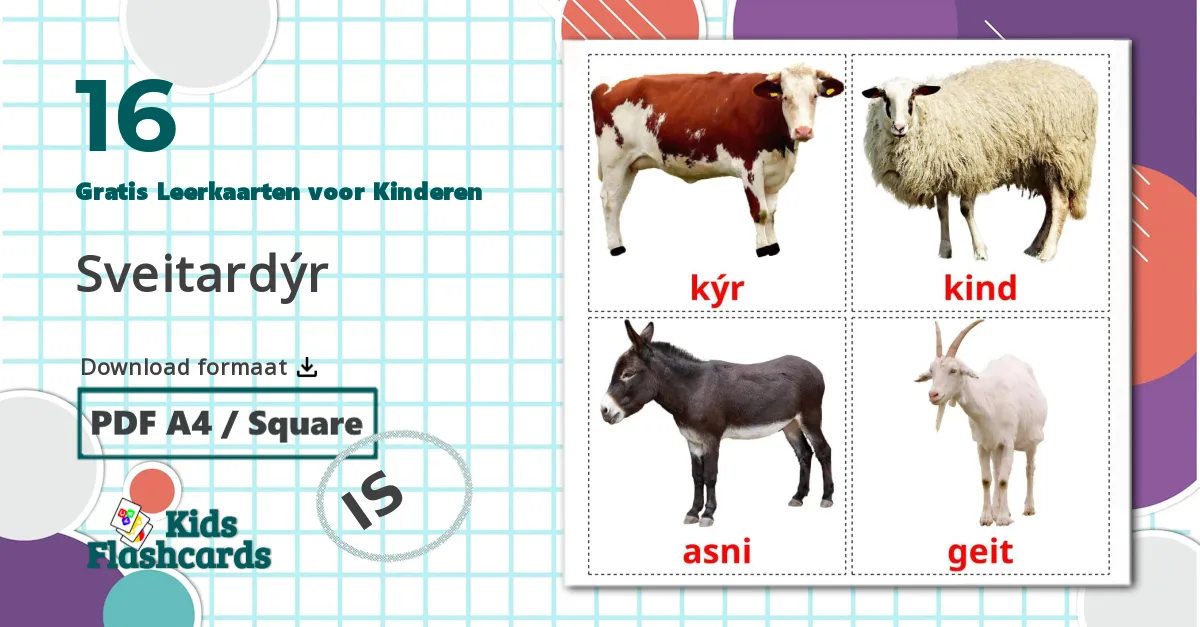 16 Boerderijdieren Leerkaarten voor kinderen