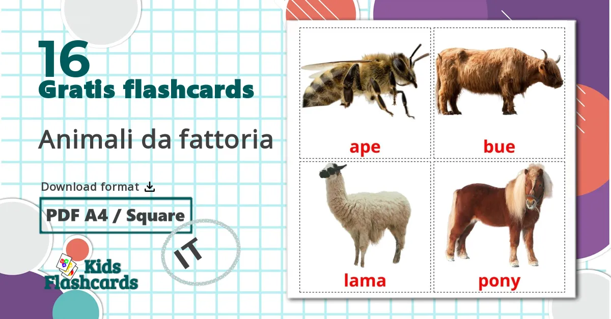 16 Animali da fattoria billedkort for børn