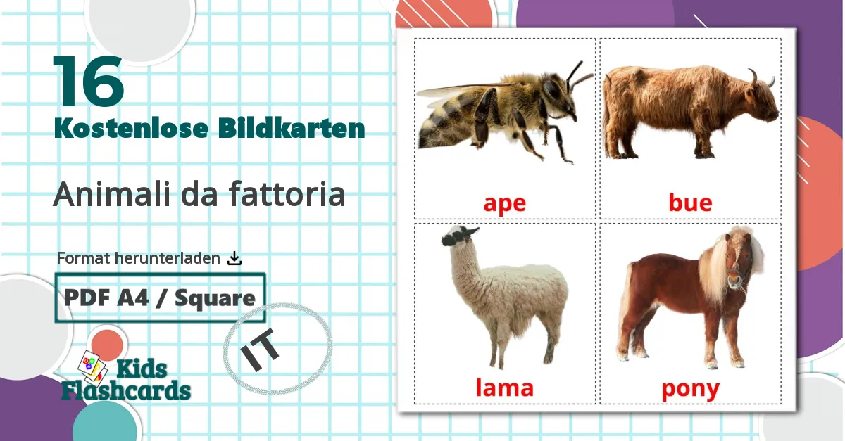 16 Bildkarten für Animali da fattoria