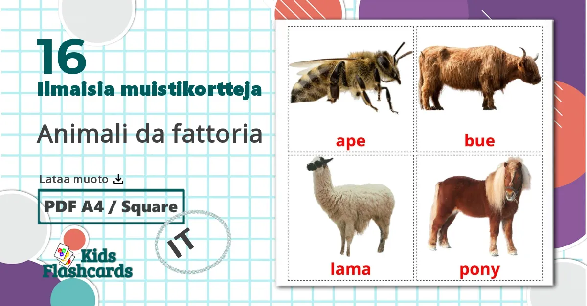 16 Animali da fattoria lasten kuvakortit