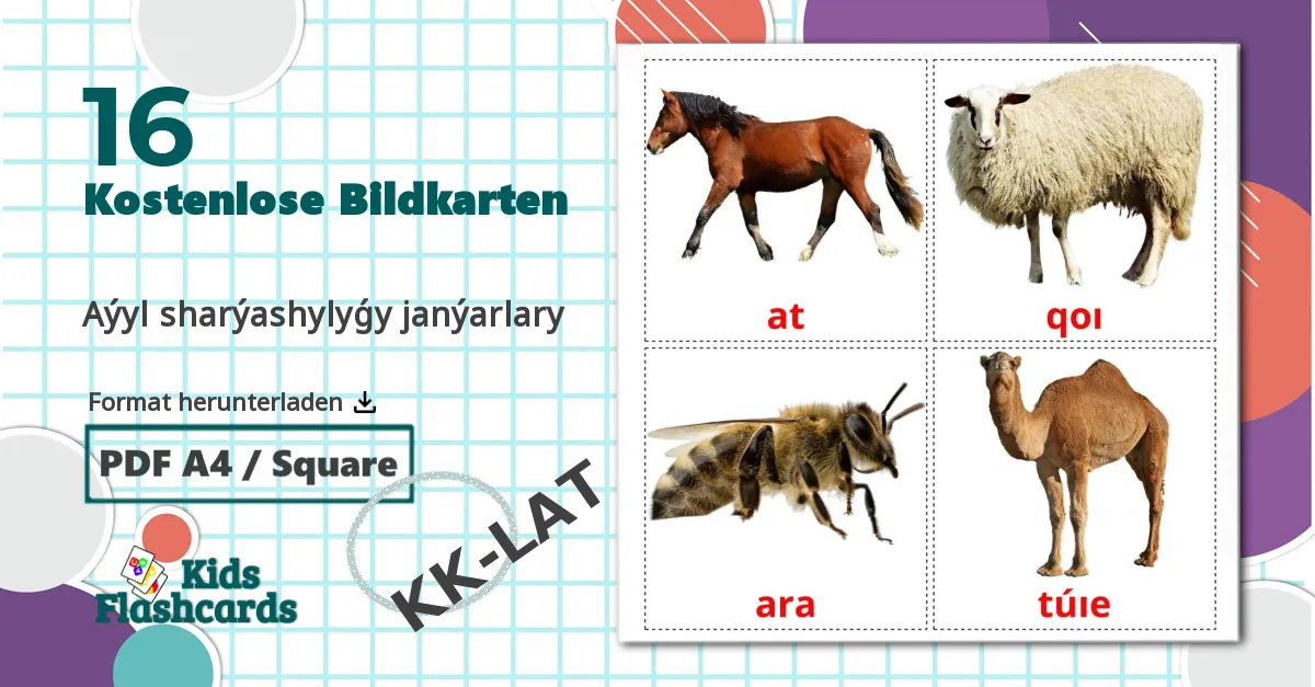 16 Bildkarten für Aýyl sharýashylyǵy janýarlary