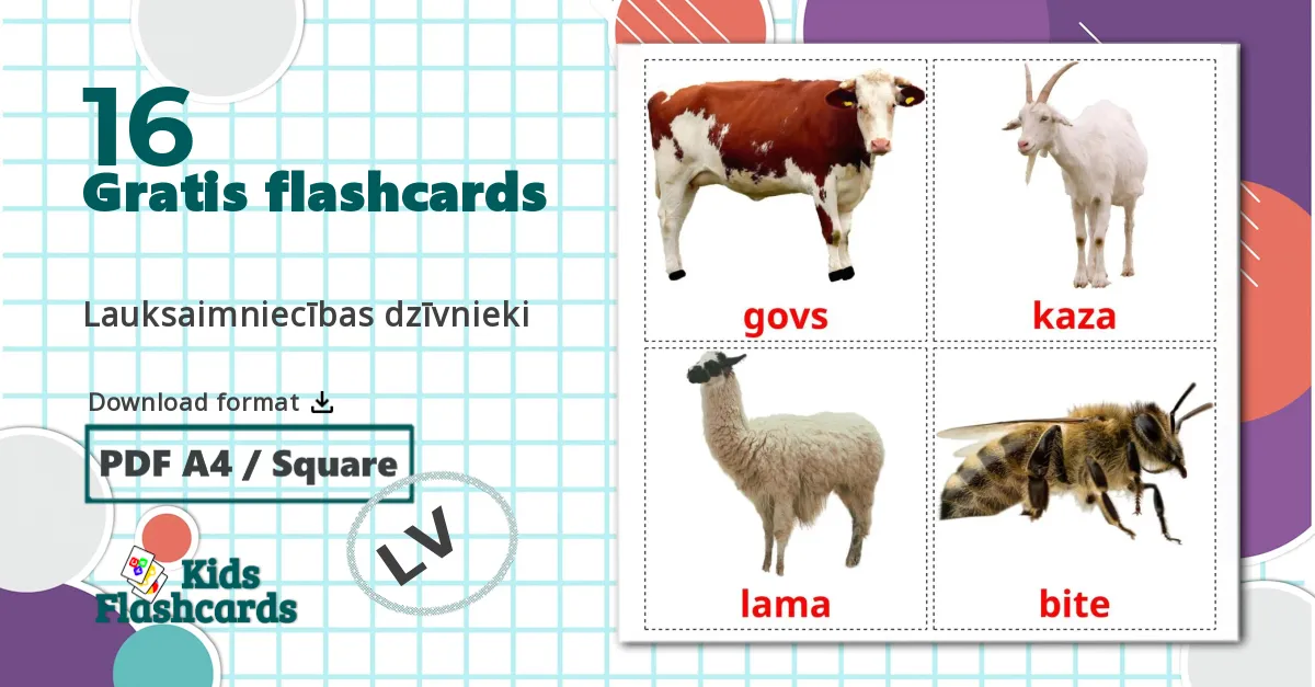 16 Lauksaimniecības dzīvnieki  billedkort for børn