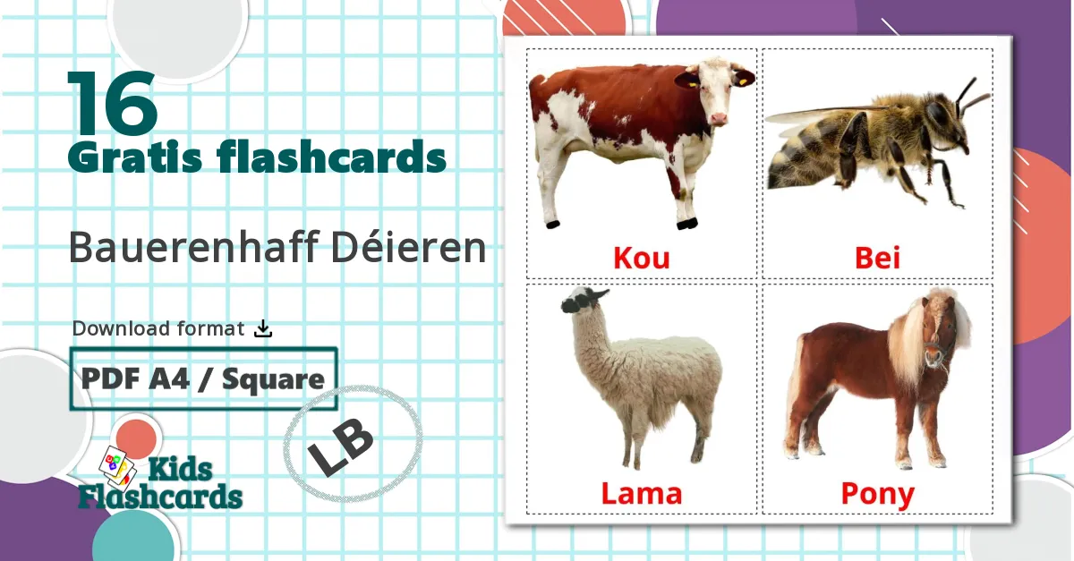 16 Bauerenhaff Déieren billedkort for børn