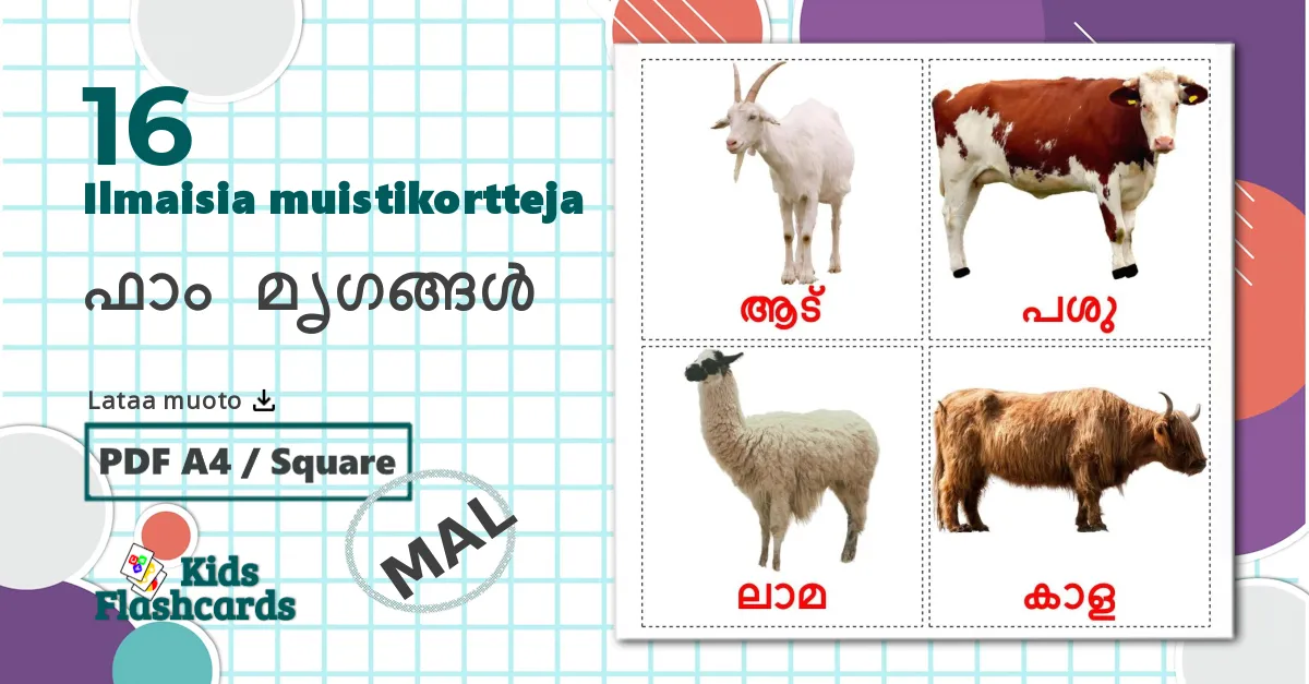 16 ഫാം മൃഗങ്ങൾ lasten kuvakortit