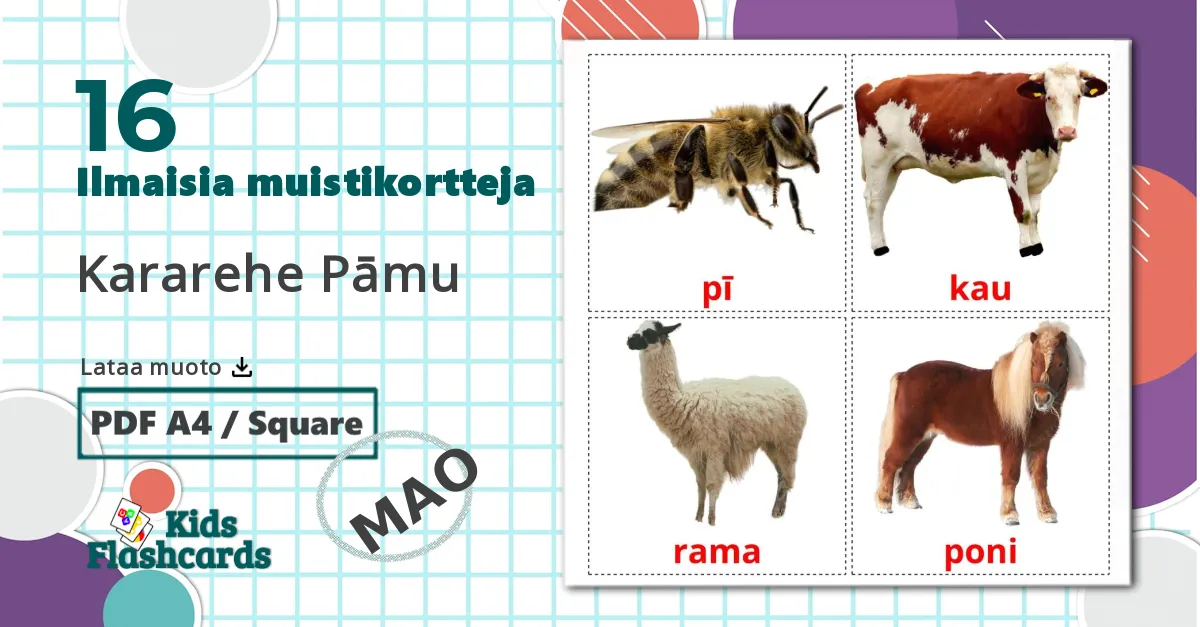 16 Kararehe Pāmu lasten kuvakortit