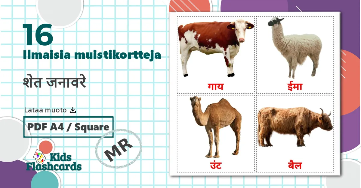 16 शेत जनावरे lasten kuvakortit