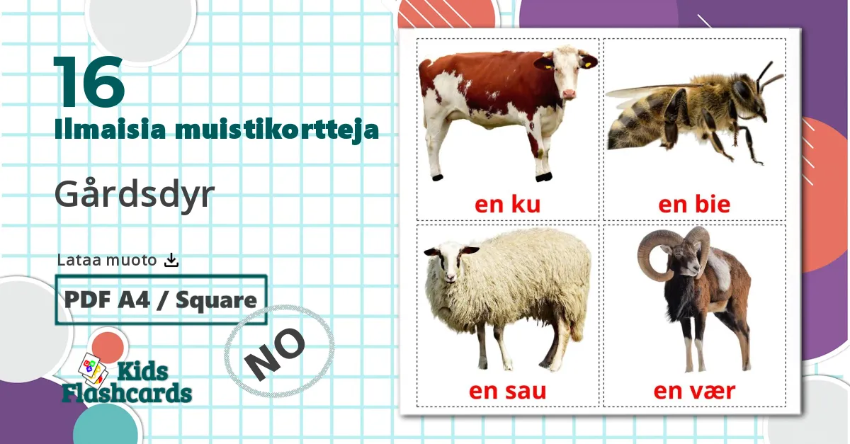 16 Gårdsdyr lasten kuvakortit