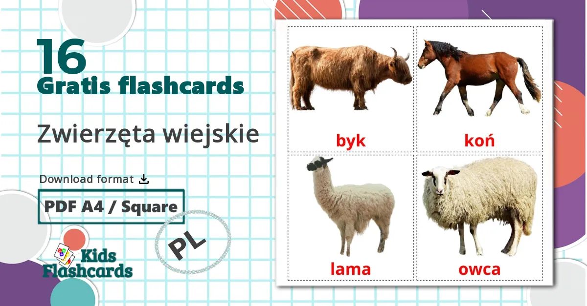 16 Zwierzęta wiejskie  billedkort for børn