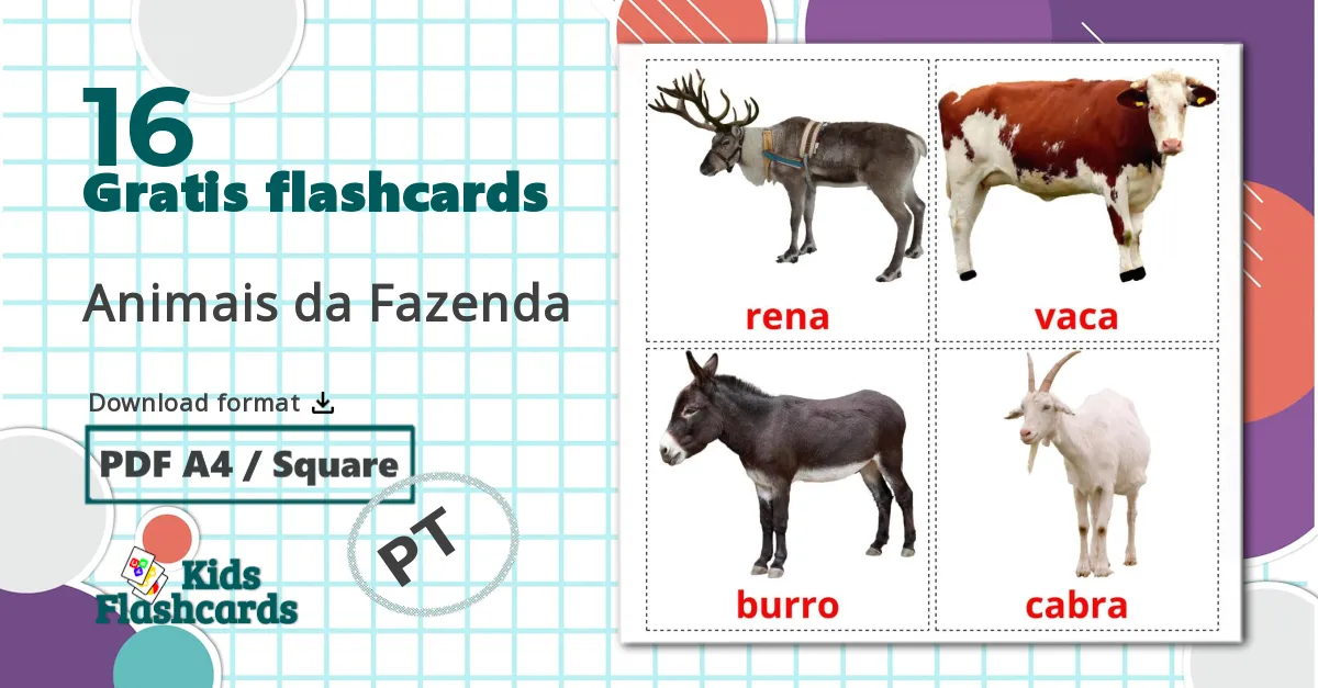 16 Animais da Fazenda billedkort for børn