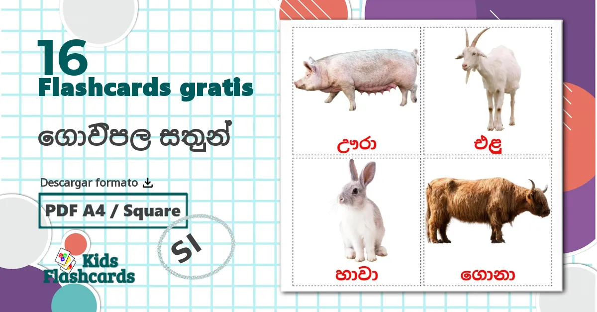 16 tarjetas didacticas de ගොවිපල සතුන්