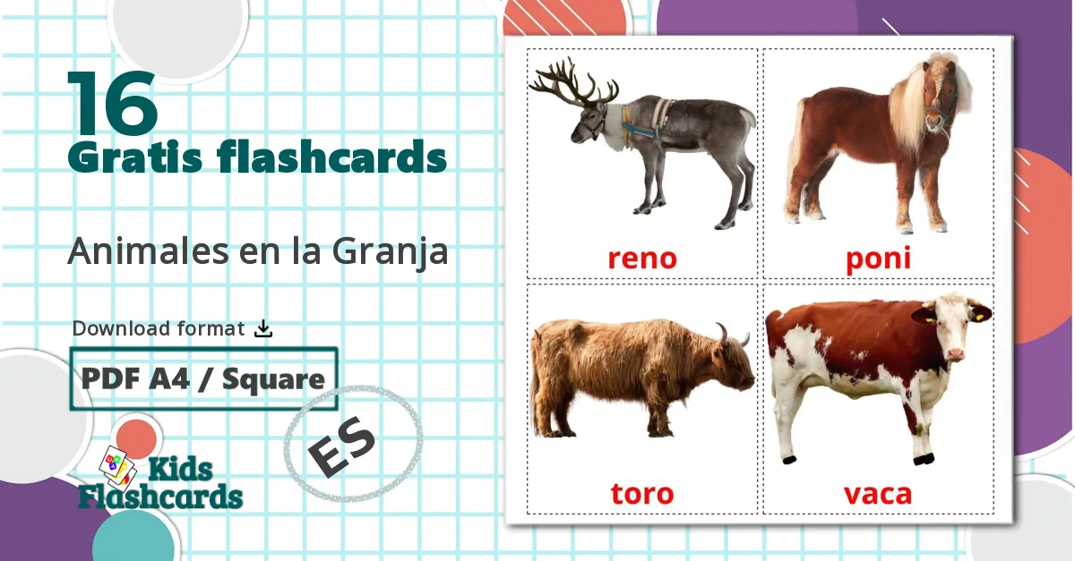 16 Animales en la Granja billedkort for børn