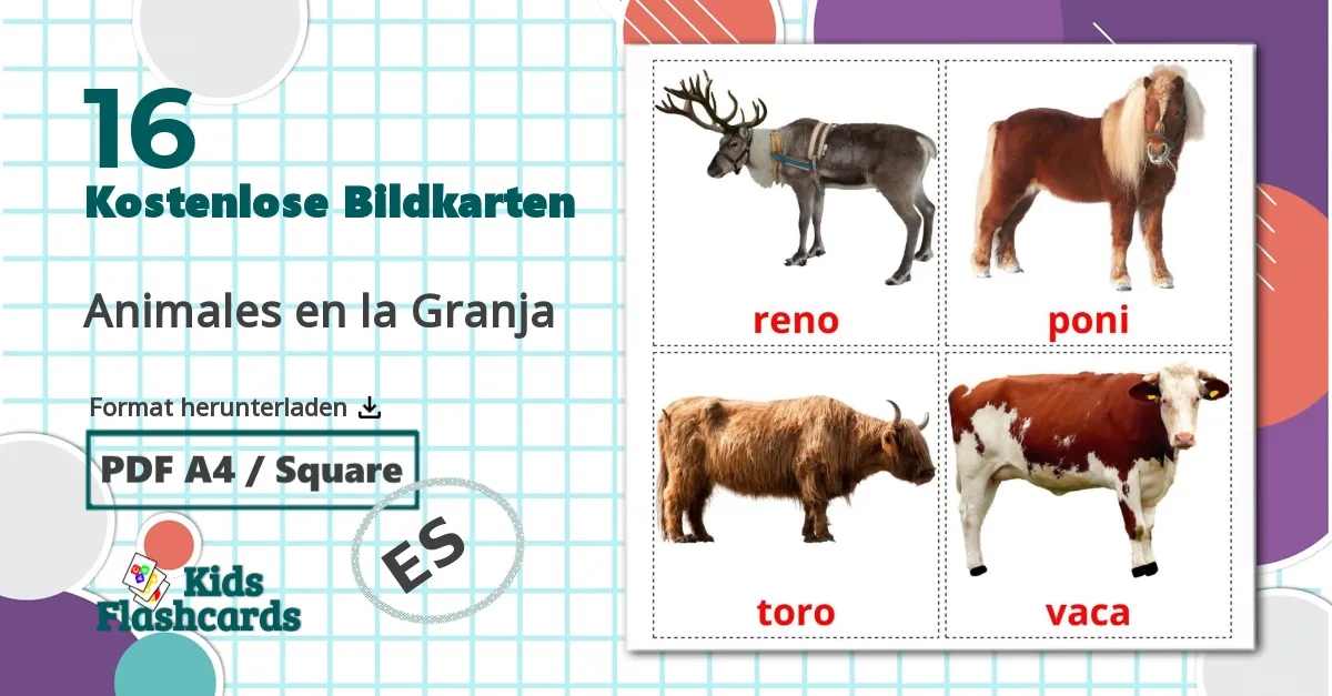 16 Bildkarten für Animales en la Granja