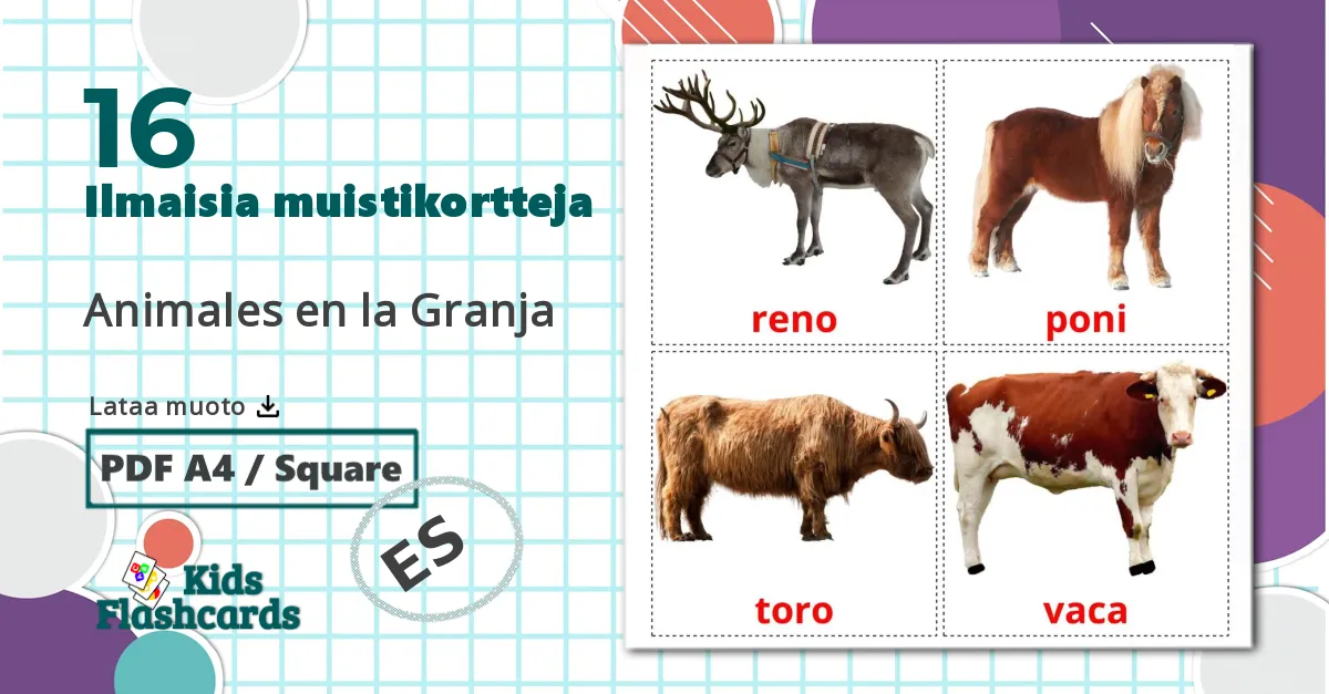 16 Animales en la Granja lasten kuvakortit