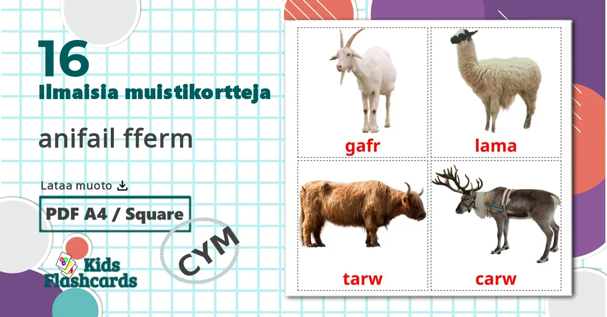 16 anifail fferm  lasten kuvakortit