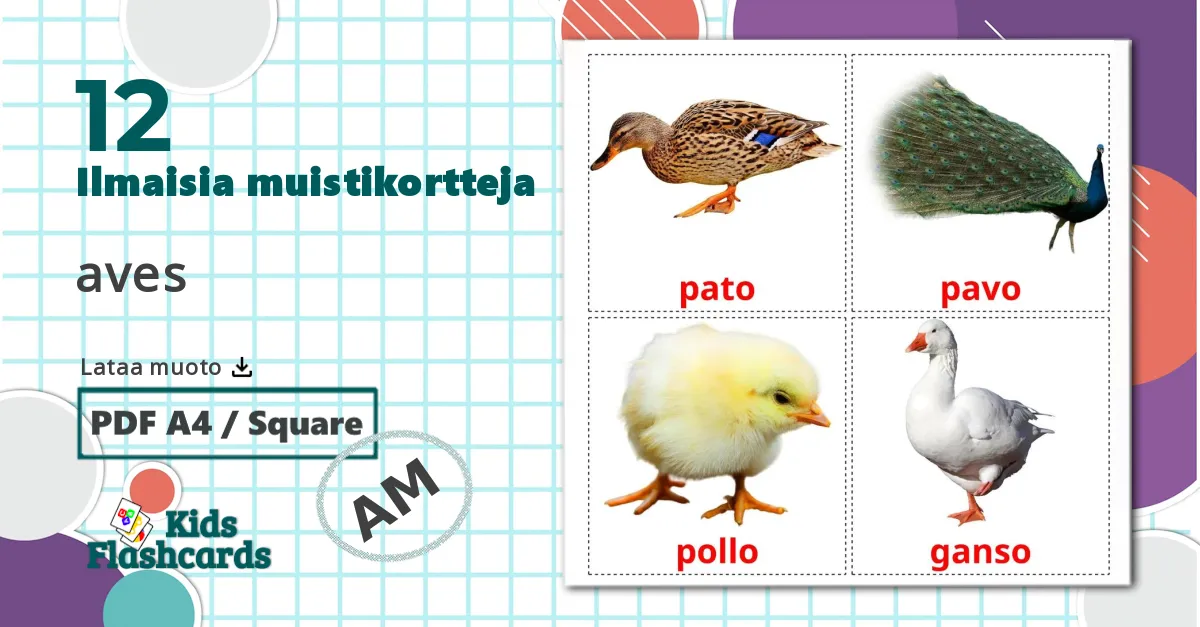 12 Maatila linnut lasten kuvakortit