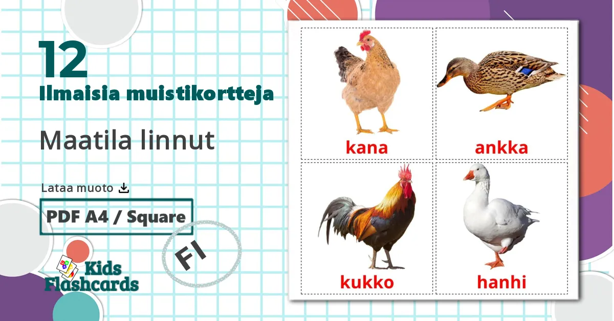12 Maatila linnut lasten kuvakortit