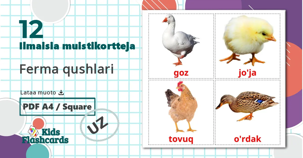 12 Ferma qushlari lasten kuvakortit