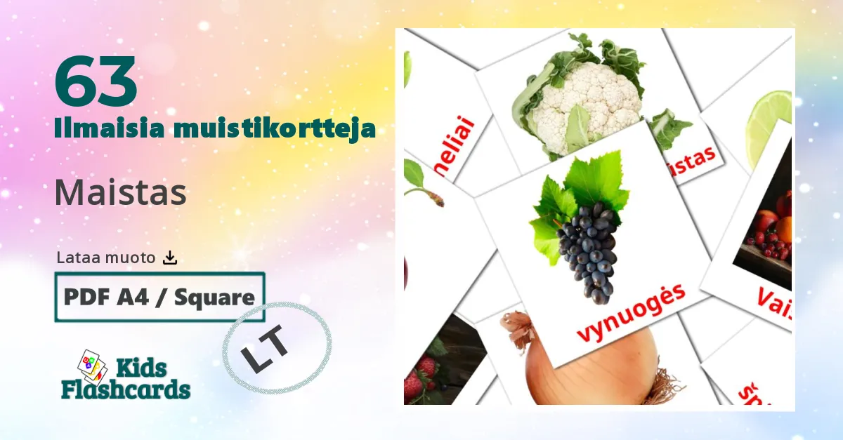 Maistas – lasten kuvakortit liettuanksi sanastoon