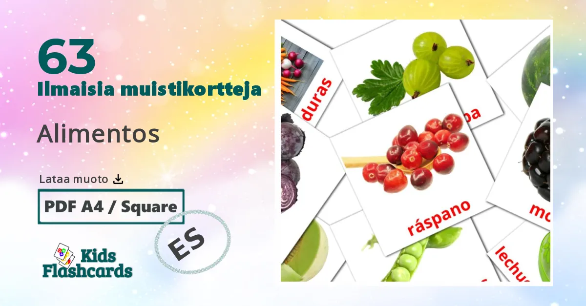 Alimentos – lasten kuvakortit espanjaksi sanastoon